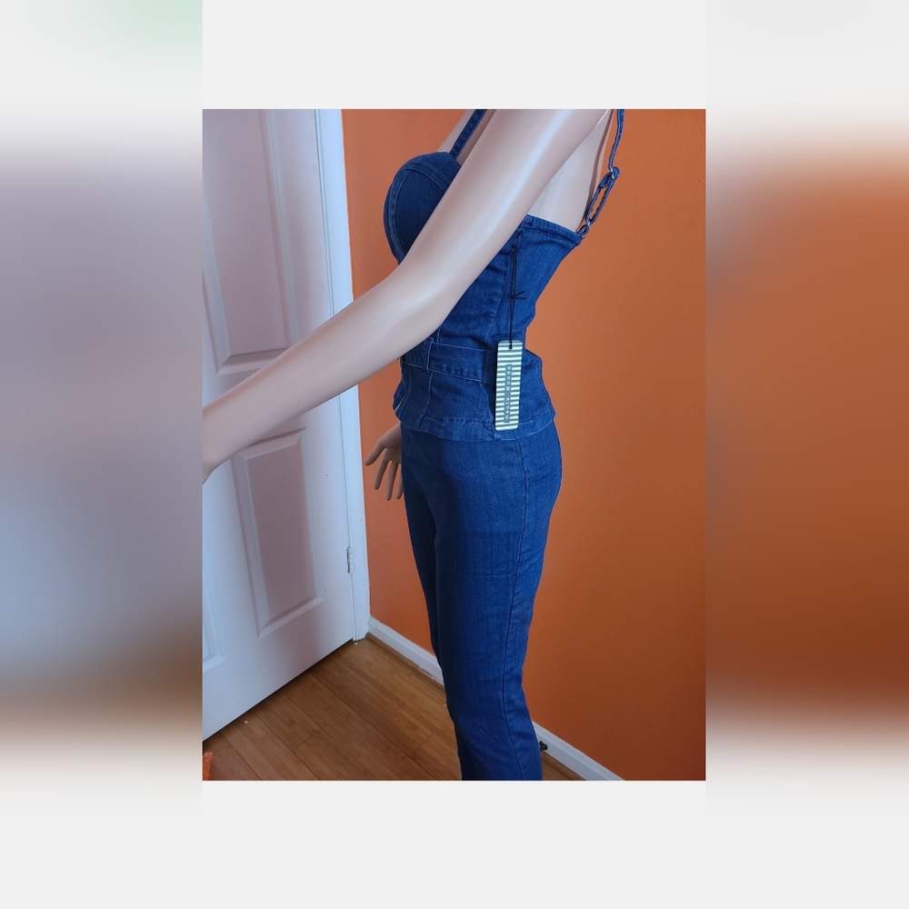 Haute Monde Dark Blue Denim Skinny Jumpsuit